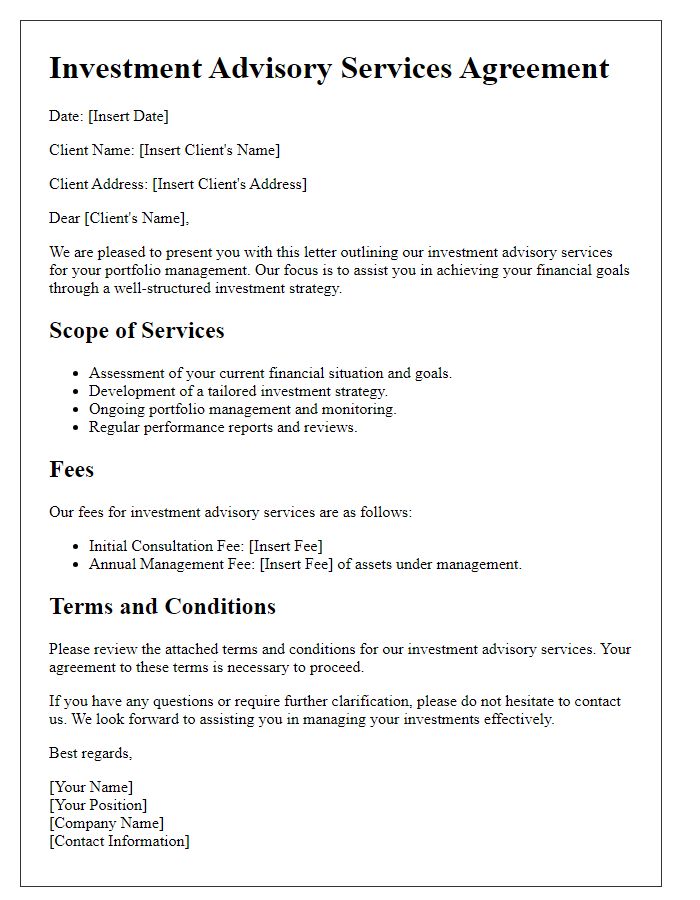 Letter template of investment advisory services for portfolio management.