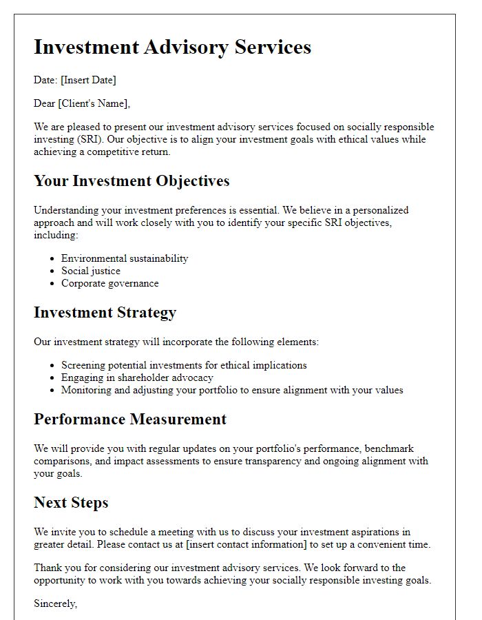 Letter template of investment advisory services for socially responsible investing.