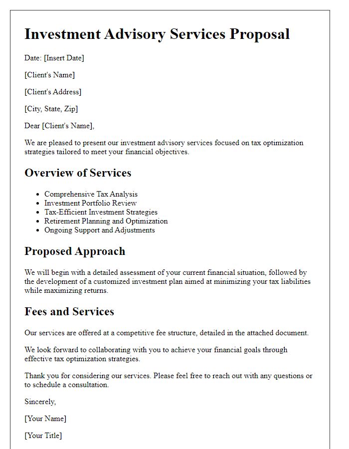 Letter template of investment advisory services for tax optimization strategies.