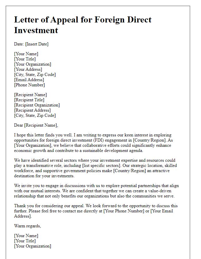 Letter template of appeal for foreign direct investment engagement