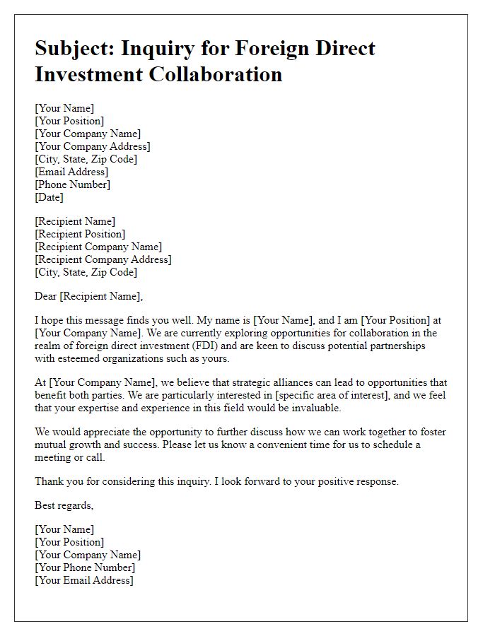 Letter template of inquiry for foreign direct investment collaboration