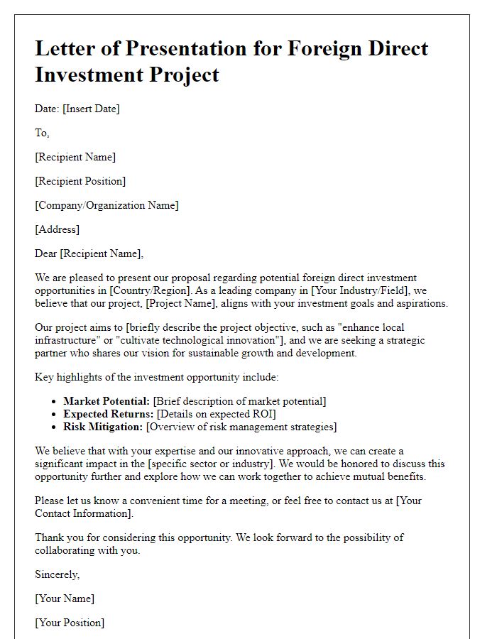 Letter template of presentation for foreign direct investment projects