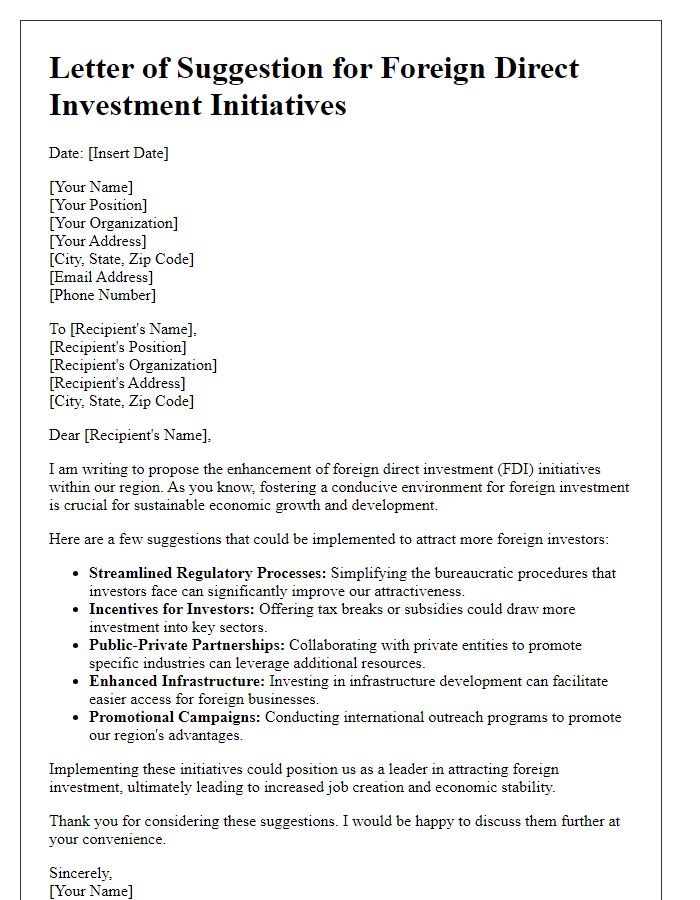 Letter template of suggestion for foreign direct investment initiatives