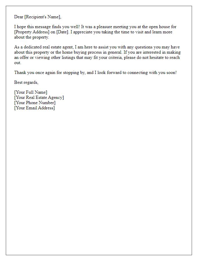 Letter template of follow-up introduction for a real estate agent after an open house.