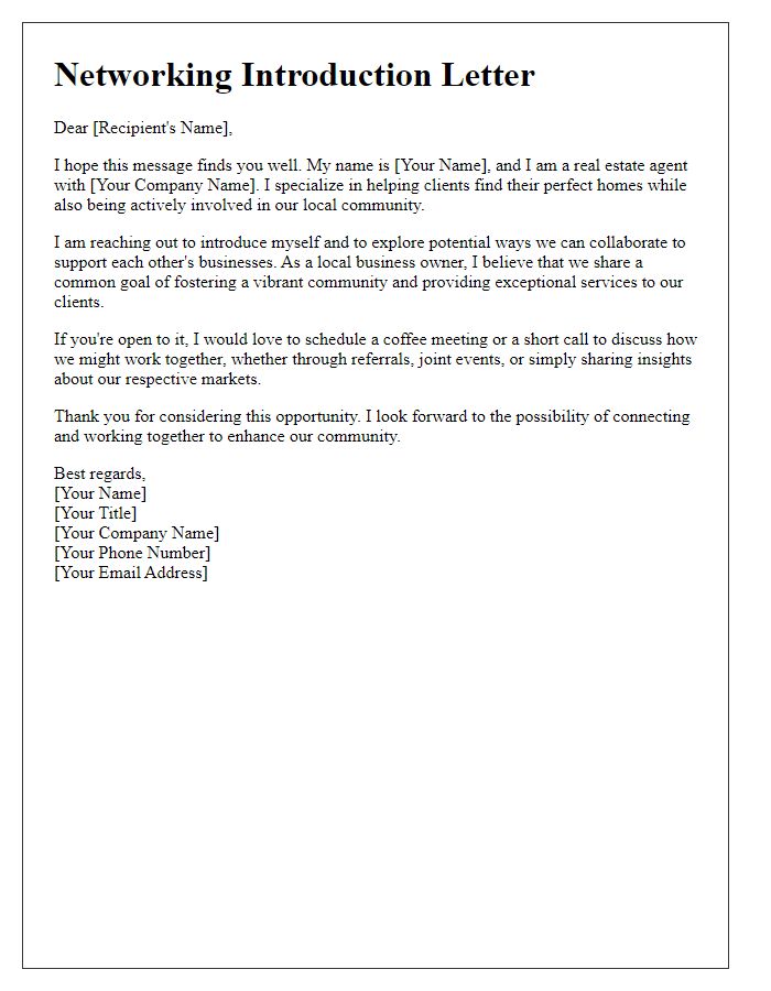 Letter template of networking introduction for a real estate agent and local businesses.