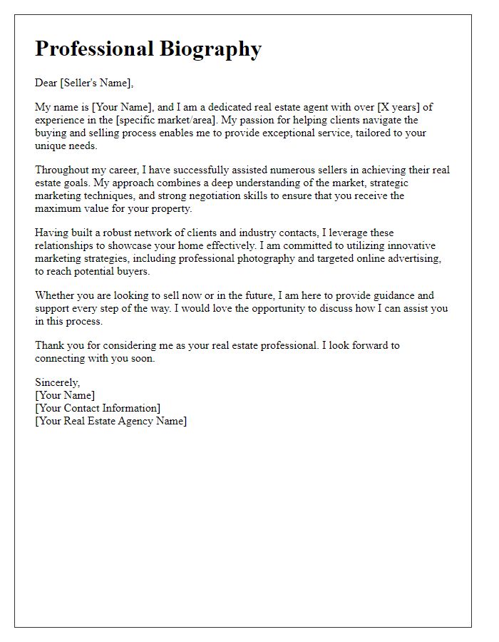 Letter template of professional biography for a real estate agent reaching out to sellers.