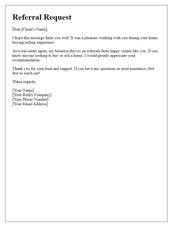 Letter template of referral request from a real estate agent to past clients.