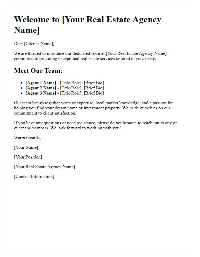 Letter template of service overview for a real estate agent introducing their team.