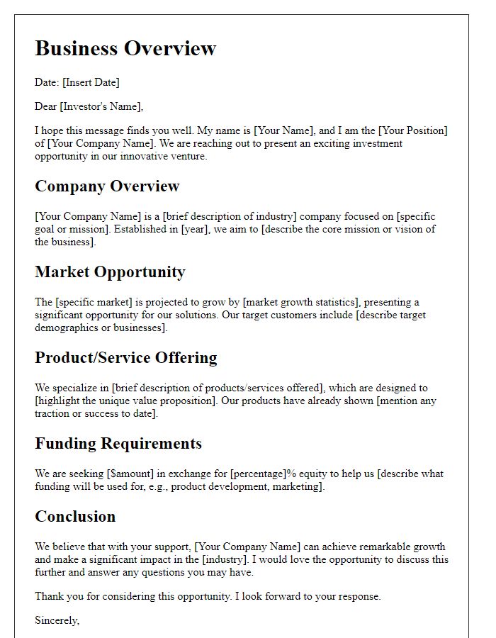 Letter template of business overview for angel investor