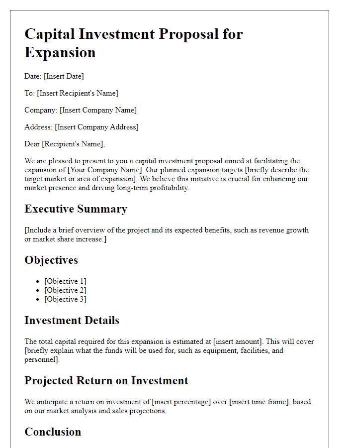 Letter template of capital investment proposal for expansion