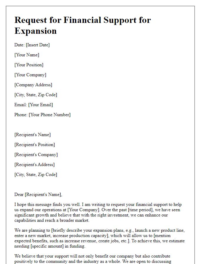 Letter template of seeking financial support for expansion