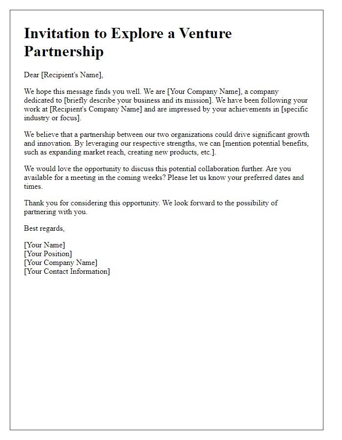 Letter template of venture partnership invitation for business growth