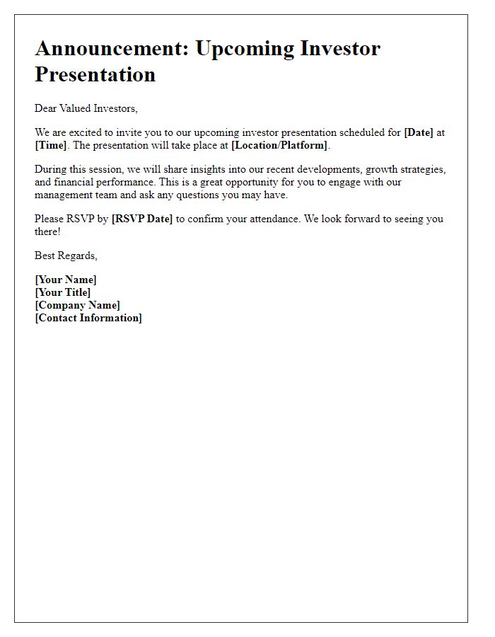 Letter template of Announcement for Upcoming Investor Presentation