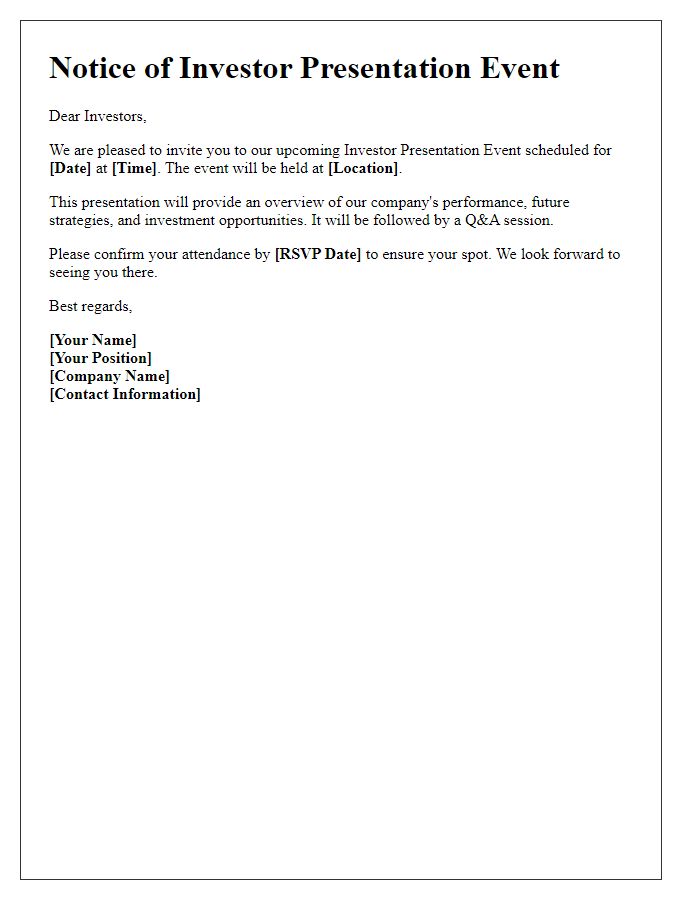 Letter template of Notice for Investor Presentation Event