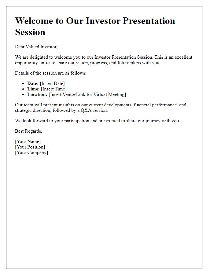 Letter template of Welcome to Investor Presentation Session