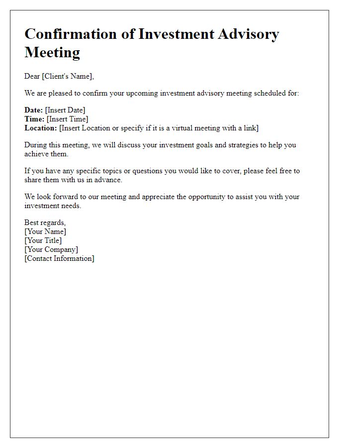 Letter template of confirmation for investment advisory meeting