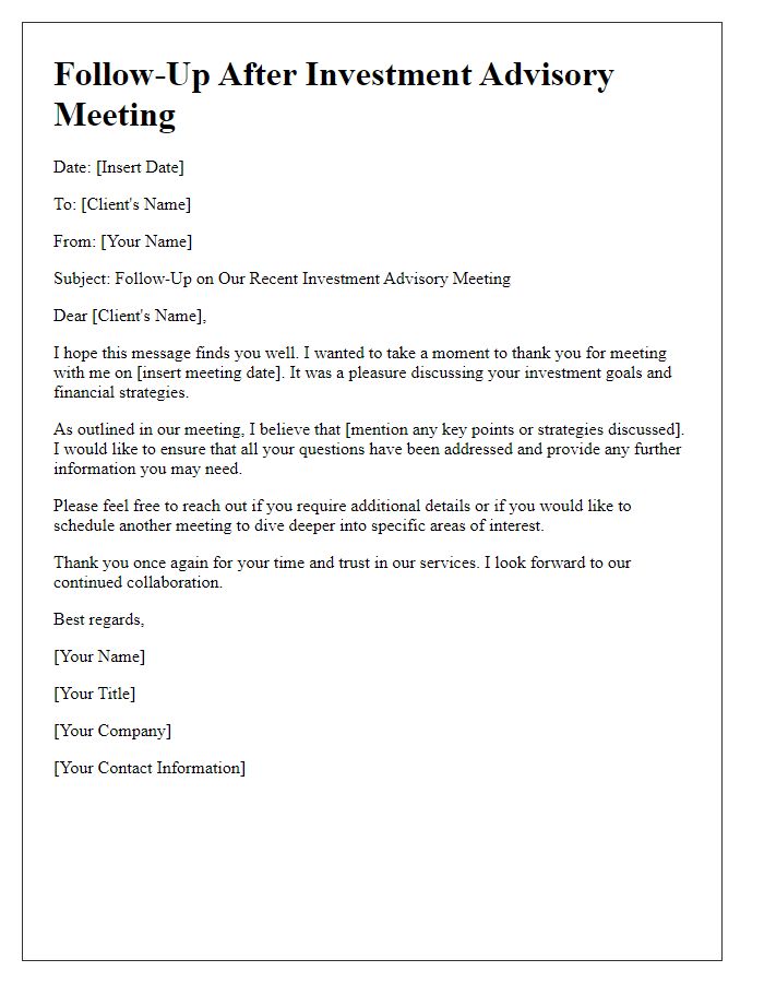 Letter template of follow-up after investment advisory meeting