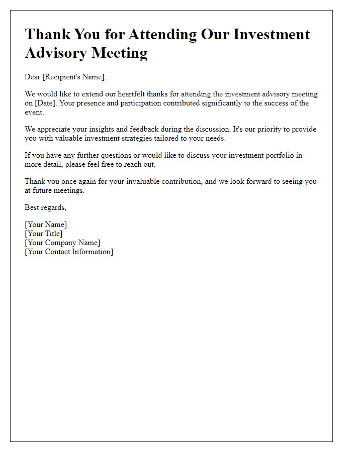 Letter template of thank you for attending investment advisory meeting