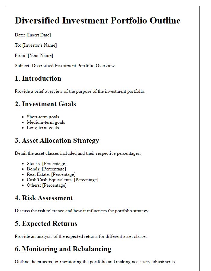 Letter template of diversified investment portfolio outline