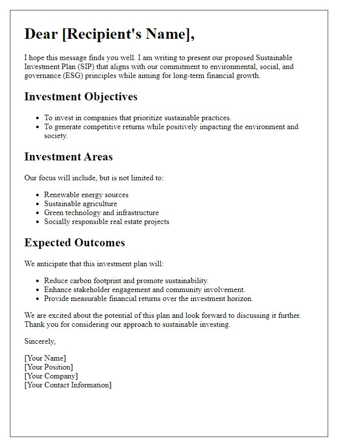 Letter template of sustainable investment plan