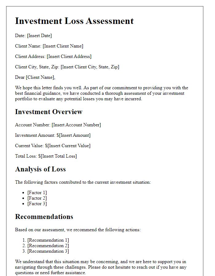 Letter template of investment loss assessment for financial advisors.