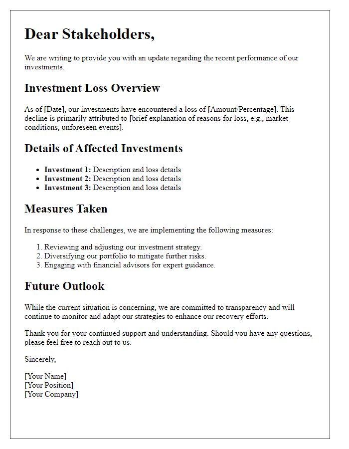 Letter template of investment loss details for stakeholders.