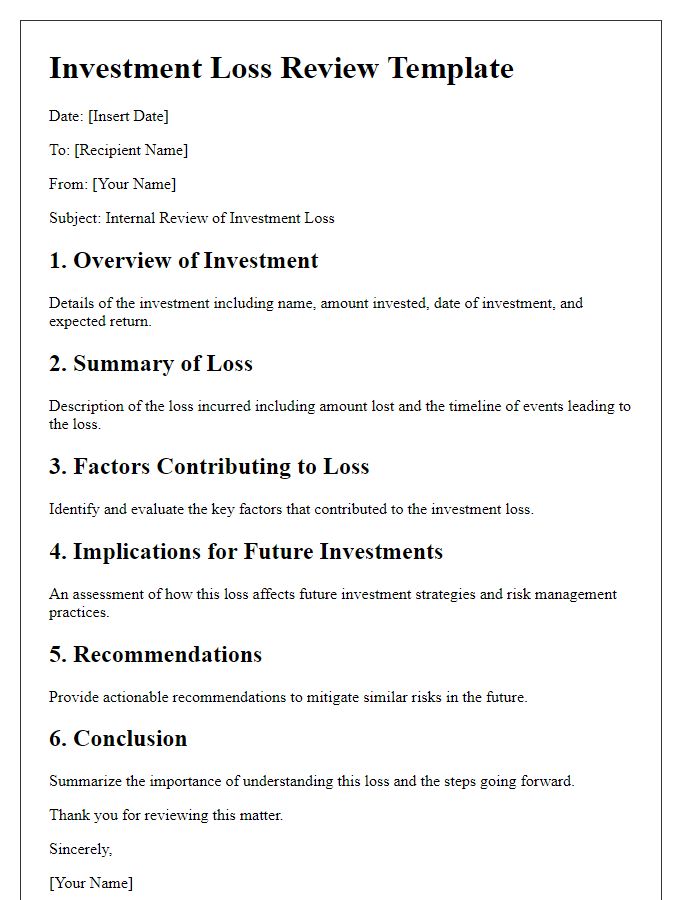 Letter template of investment loss outline for internal review.