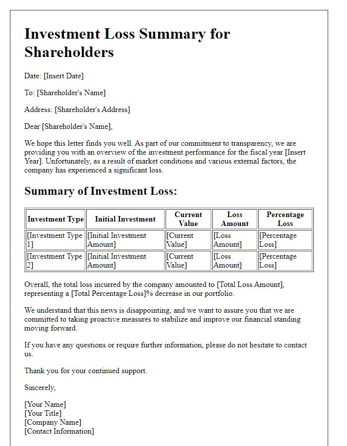 Letter template of investment loss summary for shareholders.