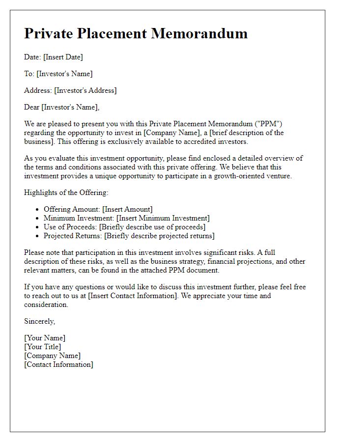 Letter template of private placement memorandum for accredited investors