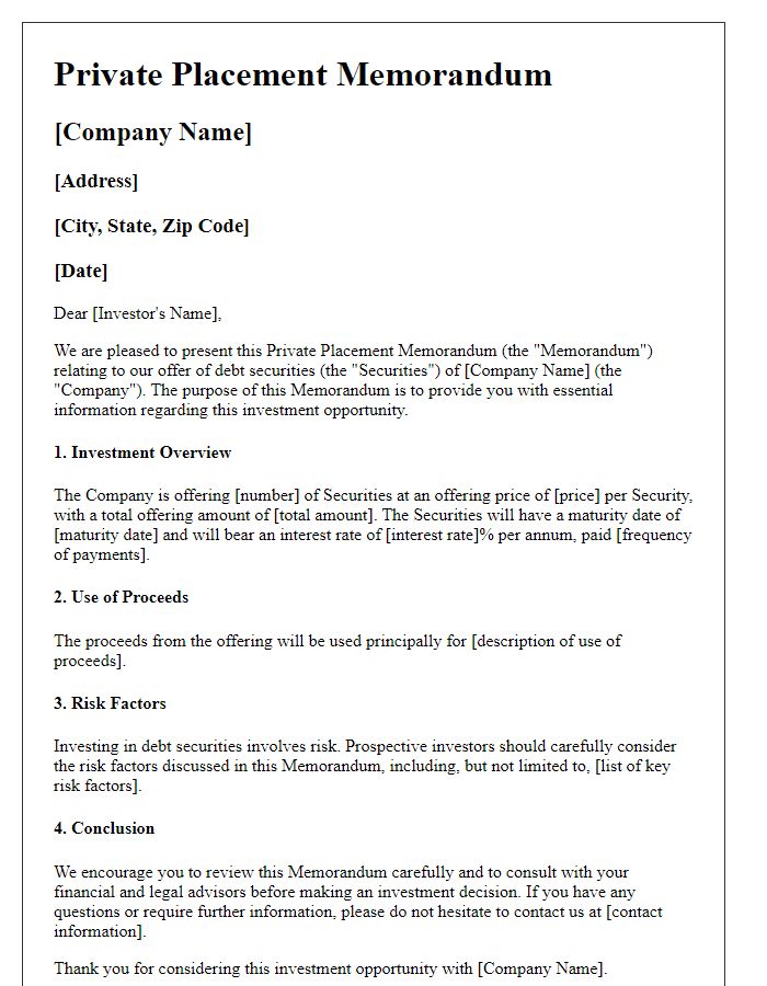 Letter template of private placement memorandum for debt securities