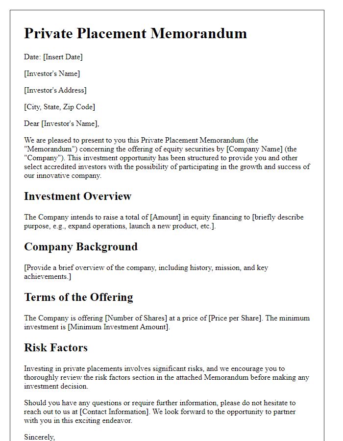 Letter template of private placement memorandum for equity investors