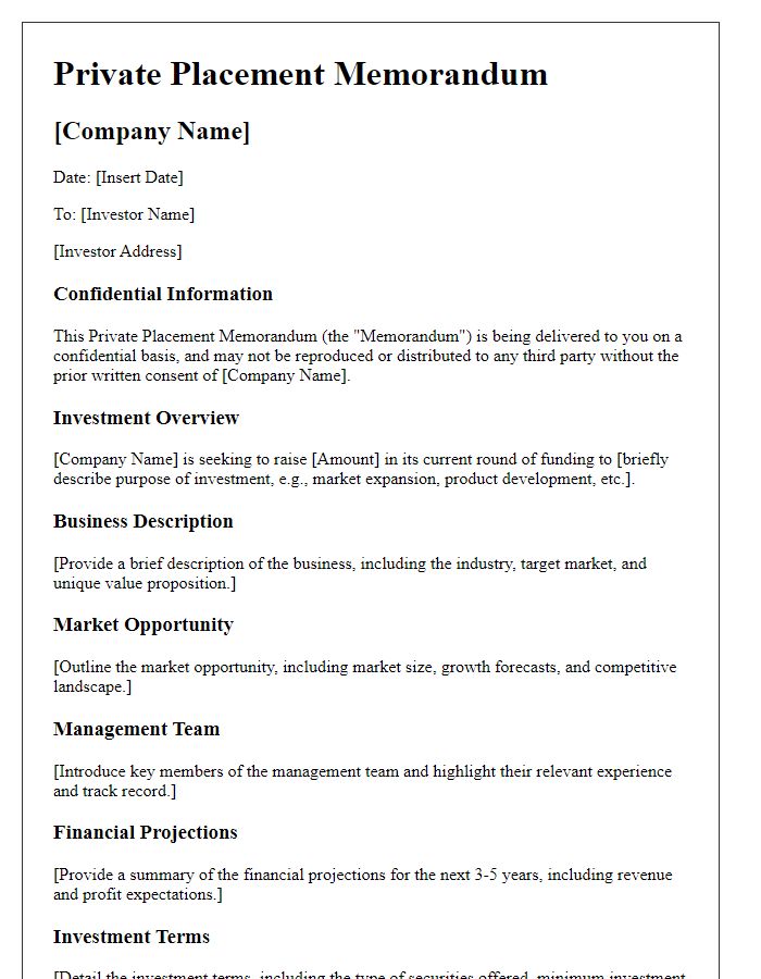 Letter template of private placement memorandum for venture capitalists