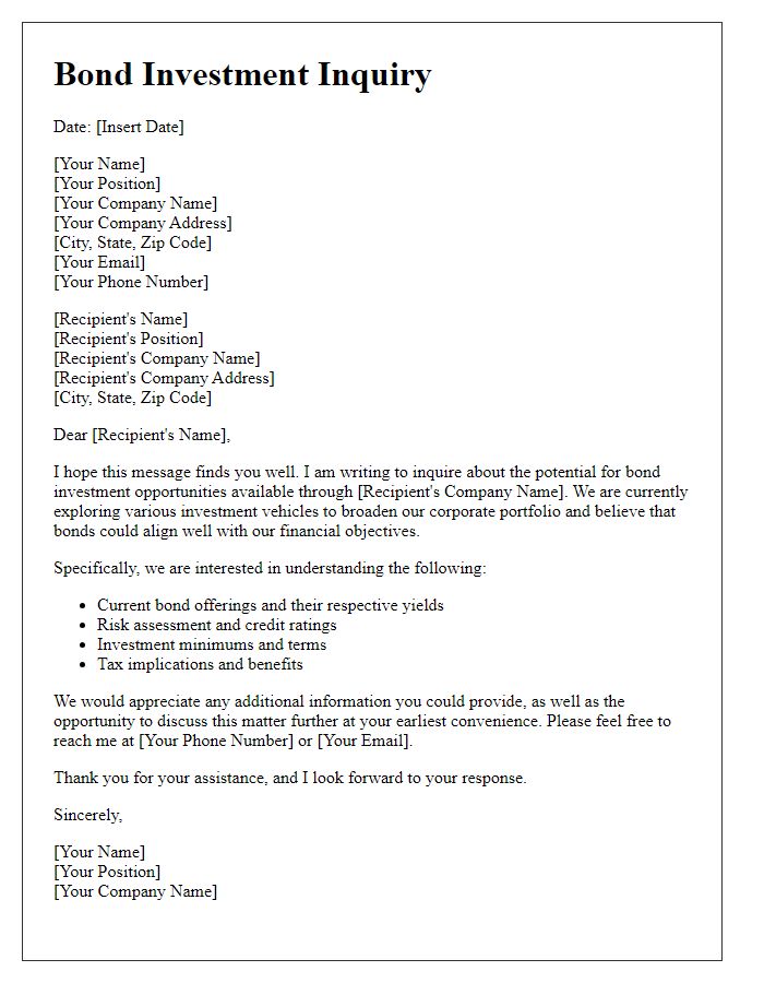 Letter template of bond investment inquiry for corporate investments