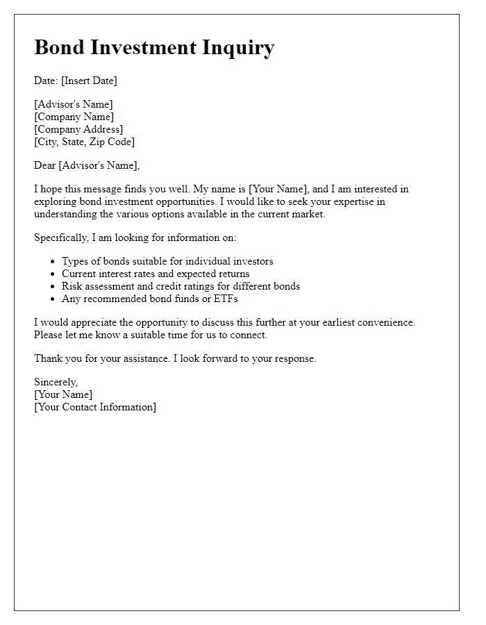 Letter template of bond investment inquiry for financial advisors