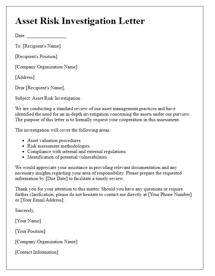 Letter template of asset risk investigation