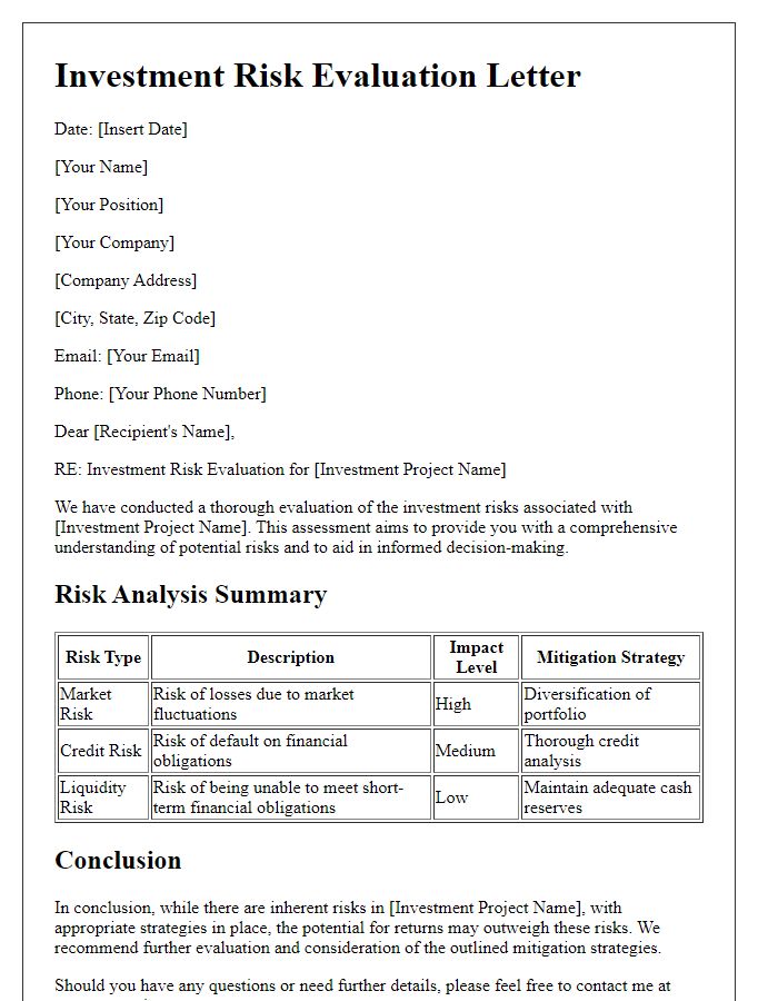 Letter template of investment risk evaluation