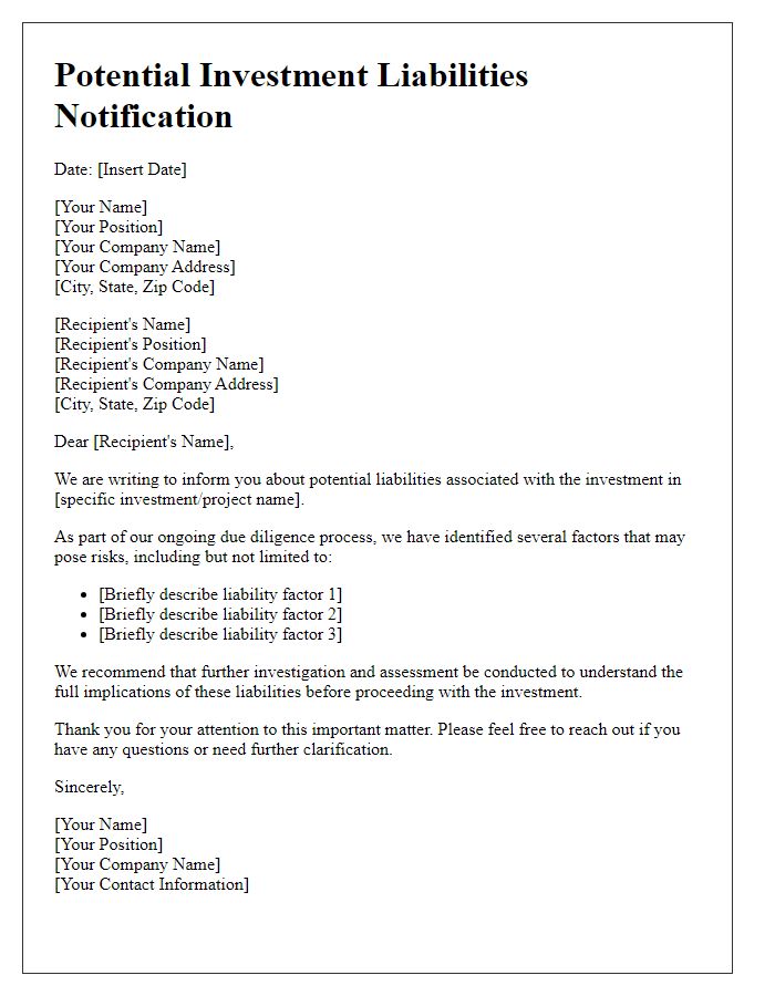 Letter template of potential investment liabilities