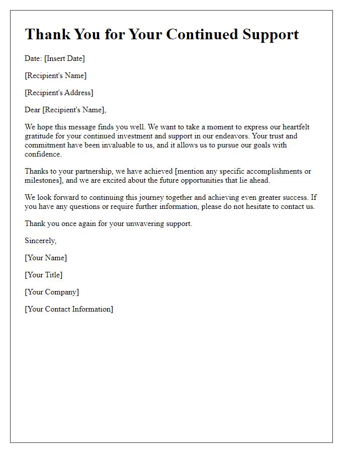 Letter template of thanks for your continued investment support.