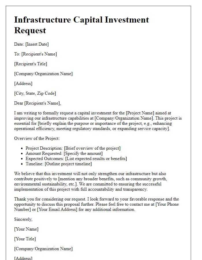 Letter template of infrastructure capital investment request