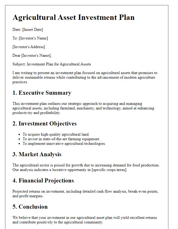 Letter template of agricultural asset investment plan