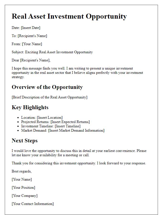 Letter template of real asset investment opportunity presentation