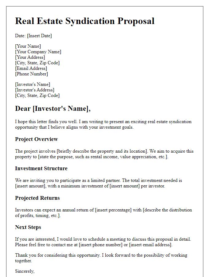 Letter template of real estate syndication proposal