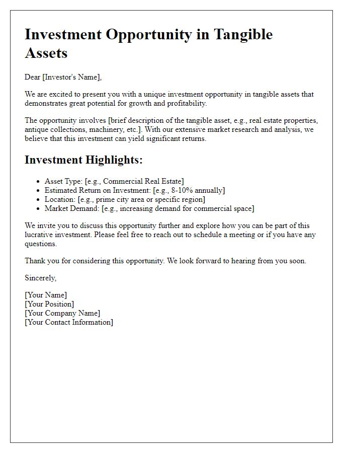 Letter template of tangible asset investment opportunity