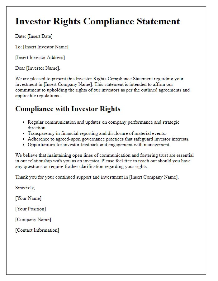 Letter template of investor rights compliance statement