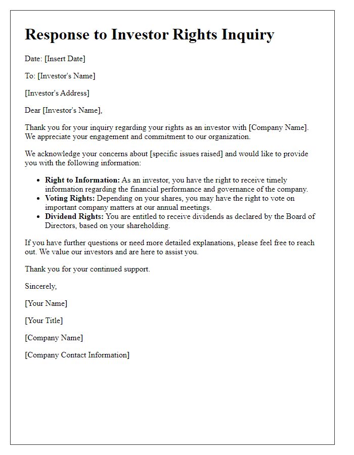 Letter template of investor rights inquiry response