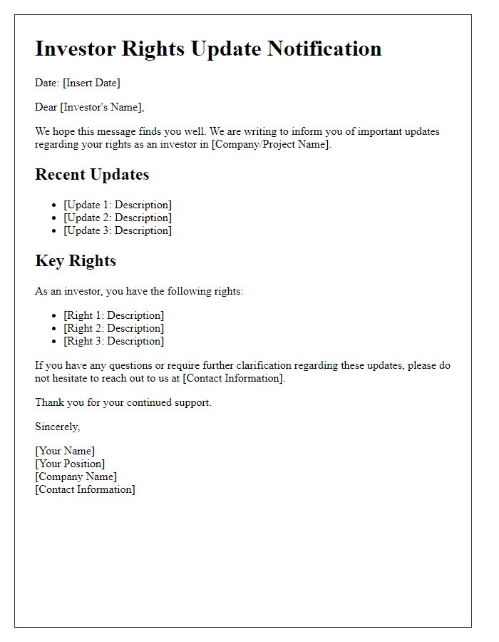 Letter template of investor rights update notification