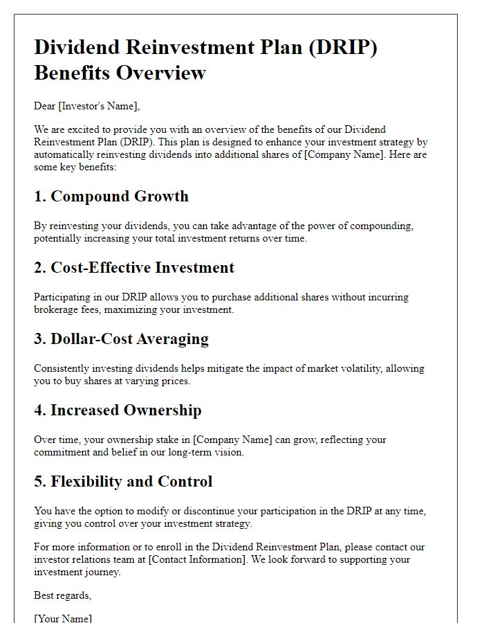 Letter template of dividend reinvestment plan benefits overview.