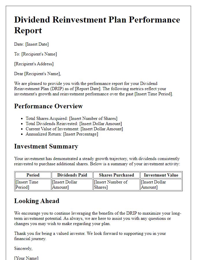 Letter template of dividend reinvestment plan performance report.