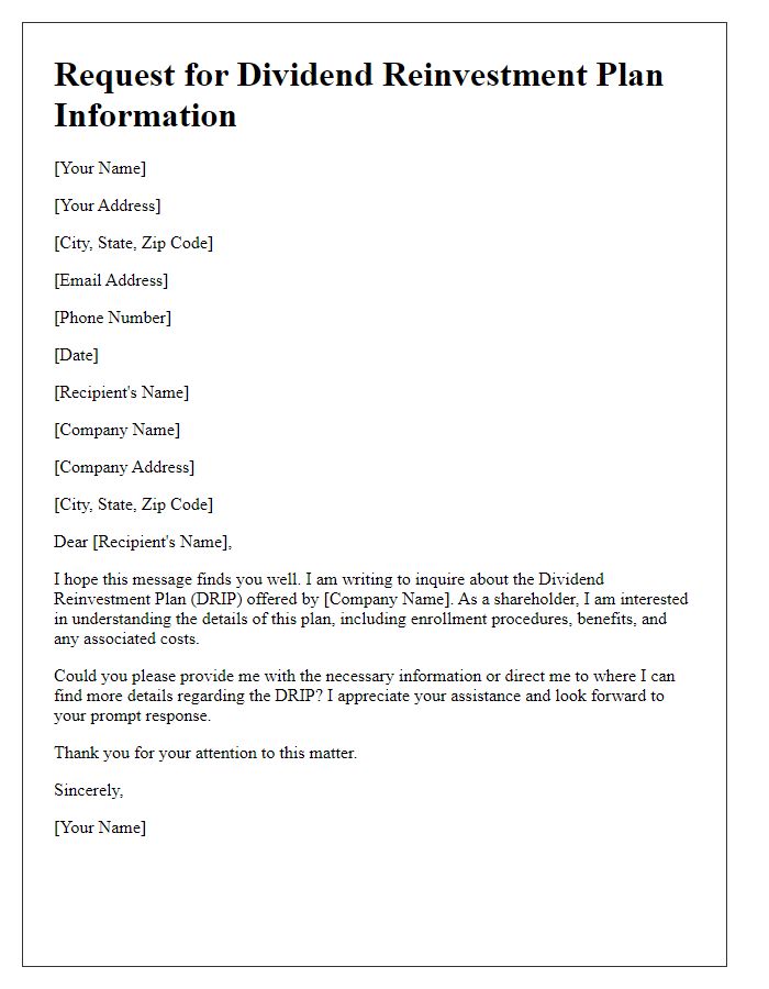 Letter template of request for dividend reinvestment plan information.