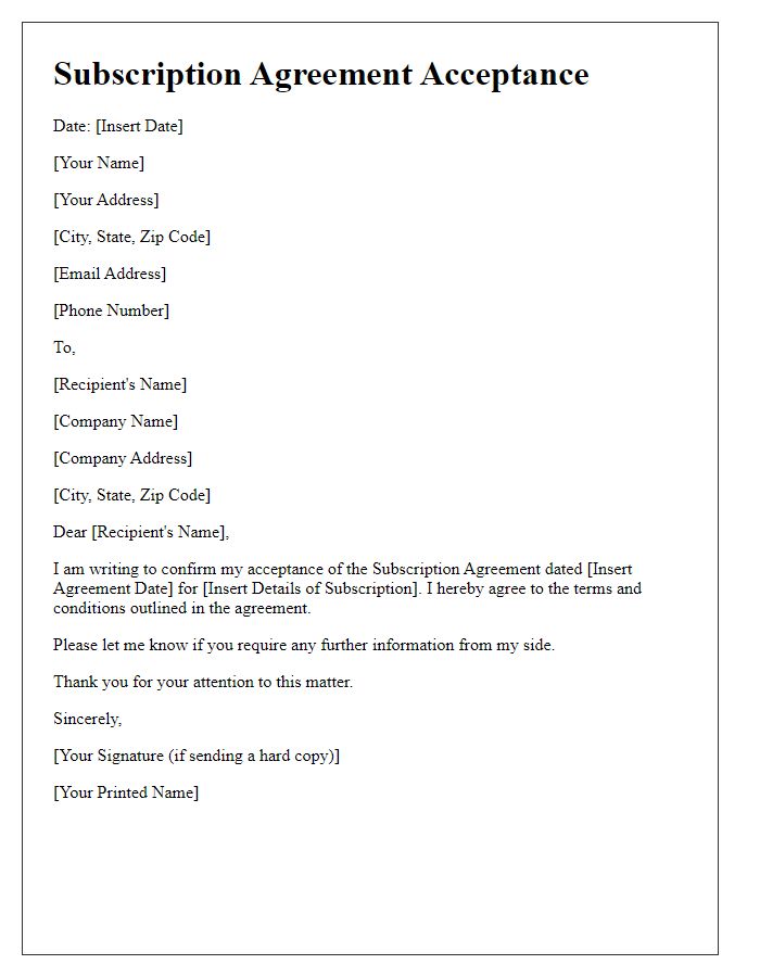 Letter template of subscription agreement acceptance